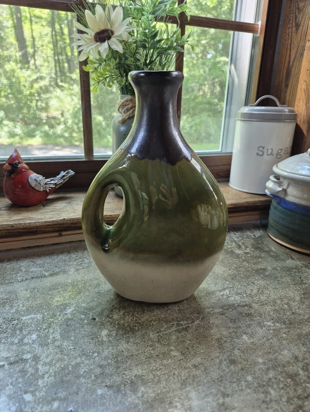 Vintage Ceramic Green Brown Drip Glazed Handle Cutout Vase